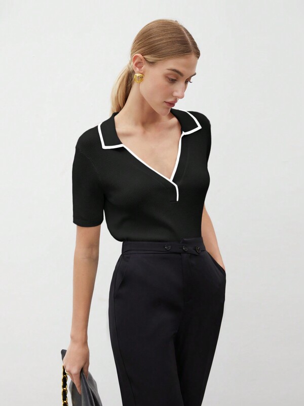 BizChic Women's Casual Colorblock Collar Short Sleeve Knit Top, Romantic Elegant Everyday Fashion Business Casual Wear, Suitable For Office, Commute, Vintage Style