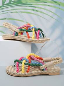Women's Flat Rainbow Color Casual Sandals With Woven Rope Soles, Summer