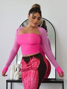 SHEIN SXY Bachelorette Party Concert Outfits  Clothes Casual Summer Color Block Mesh Splicing Thumb Hole Long Sleeve Top