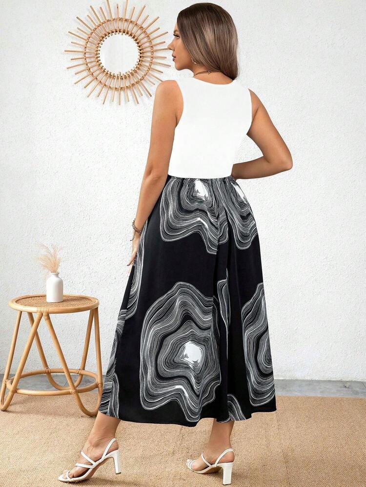 Plus Size Women's Summer Geometric Patchwork Print Square Neck Sleeveless Long Dress