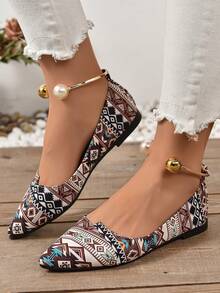 Pointed Toe Elegant Fabric Flat Shoes With Comfortable Sole And Metallic Ankle Strap Accessory, Versatile - Multicolor - View 1