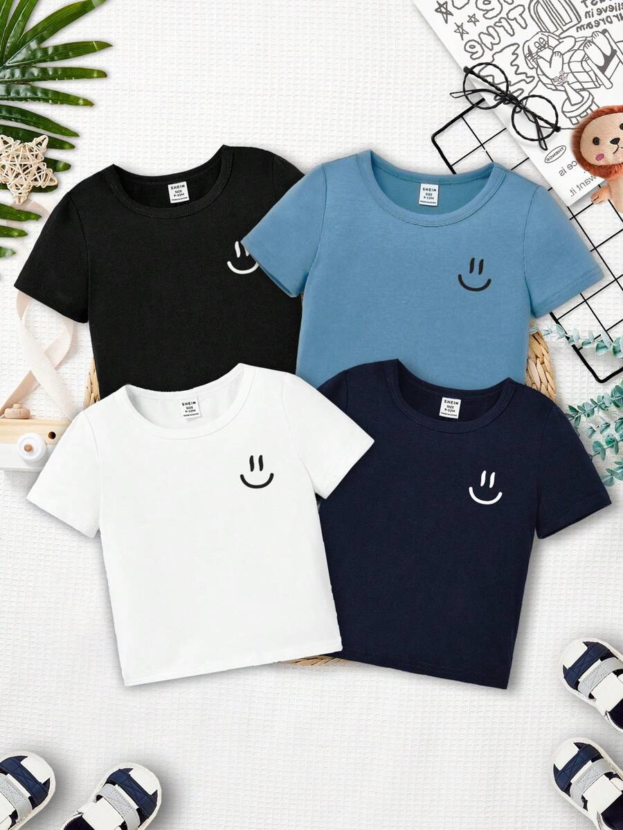 SHEIN Leap Crew Baby Boy Casual Simple 4pcs Printed Short Sleeve Round Neck Tops Set For Summer - Multicolor - View 1