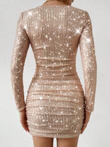 SHEIN Privé 女士捻結打結和亮片裝飾長袖緊身裙 - 香檳色 - 查看 2