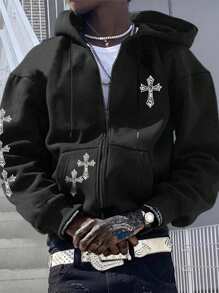 Manfinity EMRG 男士十字印花拉鍊束口寬鬆連帽衫 - 黑色 - 查看 1