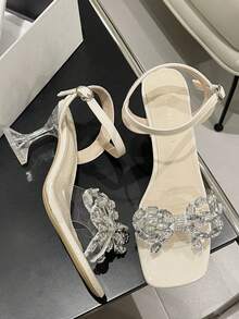 Nữ Kim Cương Giả Thắt Nơ Đế Giày Sandal Có Dây Đeo Mắt Cá Chân, 2024 Phong Cách Mới Pha Lê Chun Giày Cao Gót Hở Ngón Giày Mùa Hè - Màu be - Xem 4