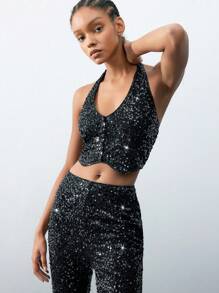 Maija Women's Fashionable Glittery Decoration Halter Top And Pants Set - Black - View 8