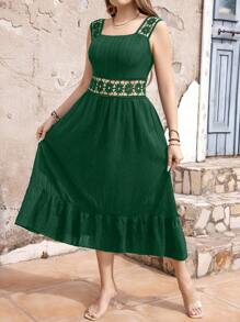 SHEIN Clasi Dress Ukuran Plus Ruffle Hem Zip Tape Blok Warna Geometris Plain Boho - Hijau - View 3