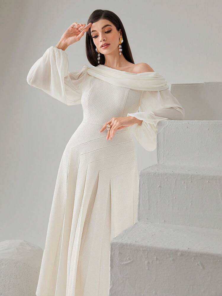 Ladies' Asymmetrical Collar Bishop Sleeve Dress Long Evening Dresses