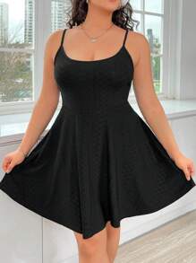 SHEIN EZwear Plus Size Jacquard Spaghetti Strap A-Line Solid Color Dress - Black - View 4