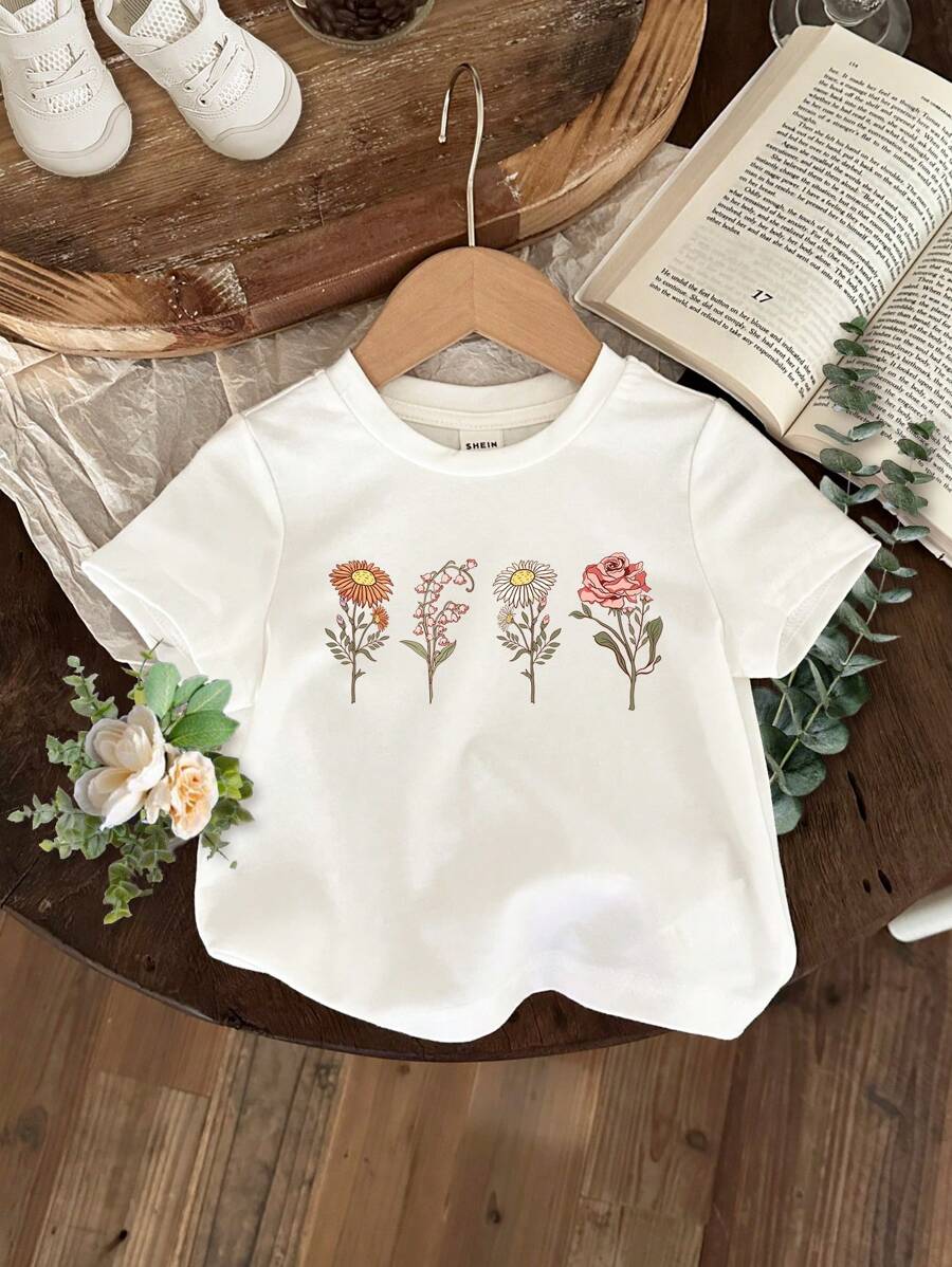 SHEIN Young Girls' Casual Floral Pattern Short Sleeve T-Shirt Suitable For Summer