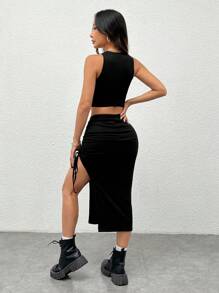 SHEIN PETITE Bộ trang phục 2 chiếc áo crop top màu trơn + váy xẻ cao màu đen, mùa hè - màu đen - Xem 2