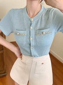 DAZY Color-Block Pocket Button Placket Round Neck Short Sleeve T-Shirt - Blue - View 4