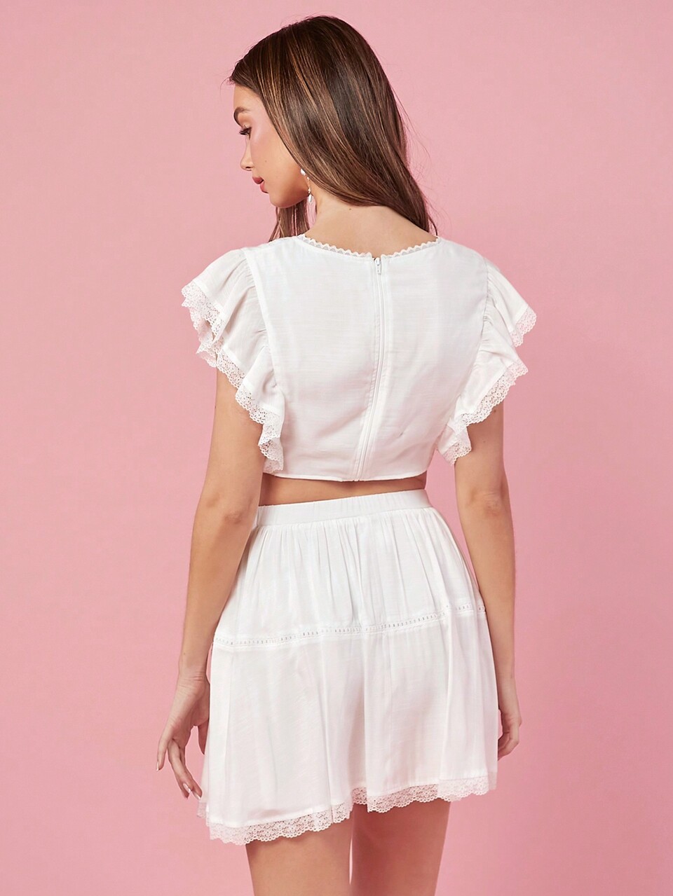 White Summer Two Pieces Outfits Women's Lace Patchwork V-Neck Top And Skirt Set