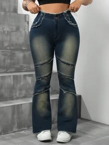 SHEIN ICON Plus Size Slim Fit Flared Jeans With Frayed Hem - Blue - View 1