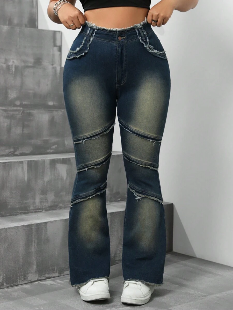 SHEIN ICON Plus Size Slim Fit Flared Jeans With Frayed Hem - Blue - View 1