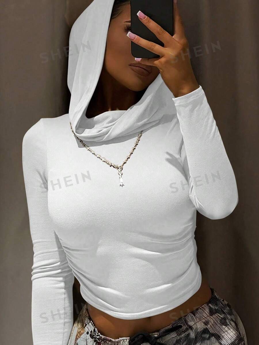 SHEIN Top Corto De Manga Larga Y Capucha De Color Sólido Para Mujer, Ideal Para La Primavera Y El Verano