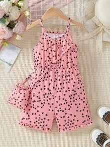 Rompers estampado de corazón con tirantes espagueti y cintura elástica para niñas jóvenes para las vacaciones de verano en la playa y el tiempo de juego, verano