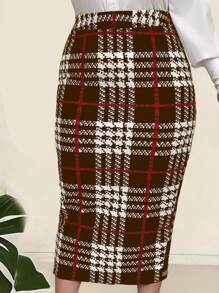 SHEIN Clasi Falda De Talle Alto Con Estampado De Cuadros De Talla Grande