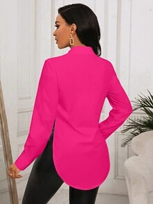 SHEIN Clasi Women Solid Side Split Curved Hem Shirt - Red - View 2