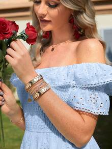 Simplee 女士新款夏季露肩高腰刺绣纯色连衣裙、派对礼服、音乐节、毕业派对 - 查看 3