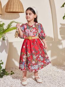 SHEIN Young Girl Printed V-Neck 3/4 Sleeve Dress With Floral Design - Red - View 6