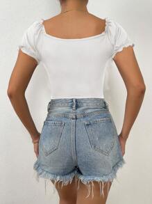 Chiquease Của phụ nữ Mùa hè Màu thuần Người yêu Đường viền cổ áo Ruffle Ngắn Ống tay áo Thon gọn Áo thun - trắng - Xem 2