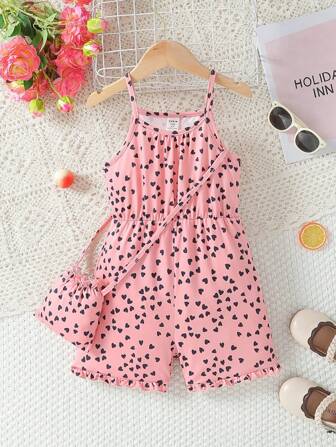Rompers estampado de corazón con tirantes espagueti y cintura elástica para niñas jóvenes para las vacaciones de verano en la playa y el tiempo de juego, verano