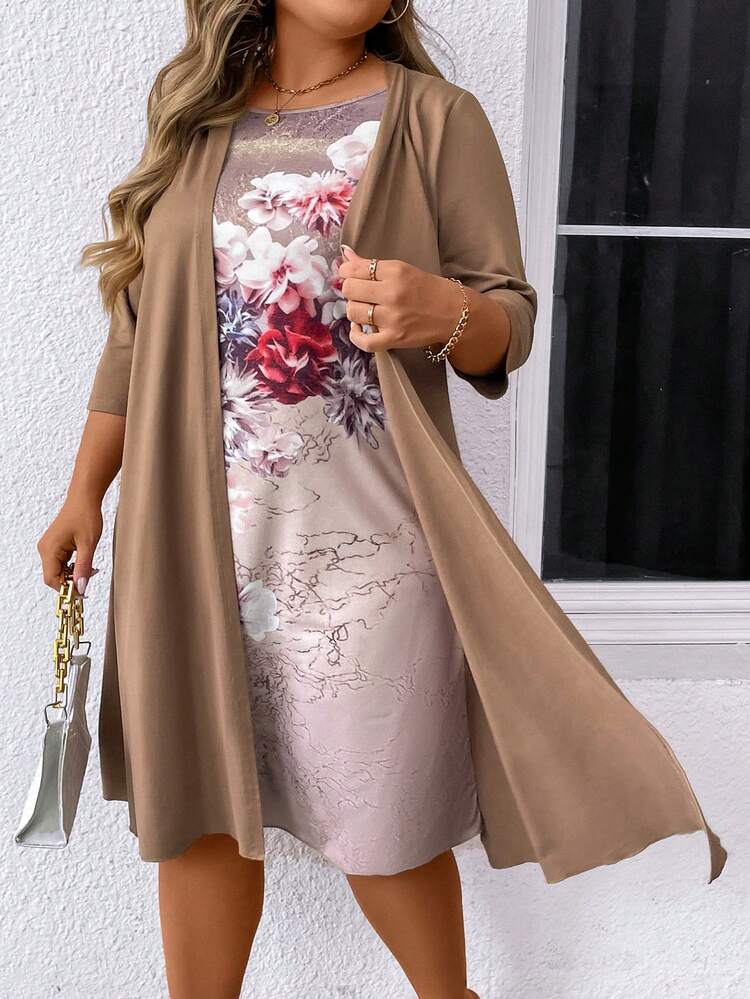 Plus Size Floral Printed Spliced 2 In 1 Dress