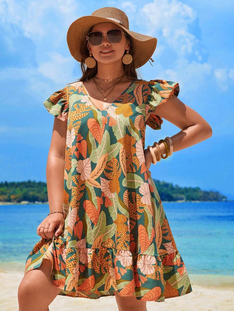 SHEIN VCAY 大码度假花卉印花连衣裙，配有荷叶边和 V 领 - 彩色 - 查看 1