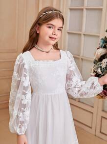 SHEIN Mädchen Frühjahr französisch Palast Stil Floral Stickerei Mesh Langkleid