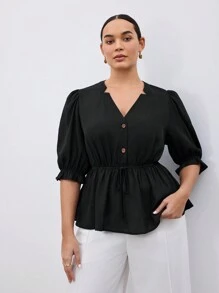BizChic Camisa A-line Casual De Talla Grande Con Cordón De Botones Frontales Y unicolor - Negro - Ver 4