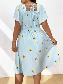 Flirla Kích thước lớn Của phụ nữ Đúng mốt vui tươi In dứa Váy dây treo Với Vắt Thiết kế Cho mùa hè - Màu xanh nhạt - Xem 2