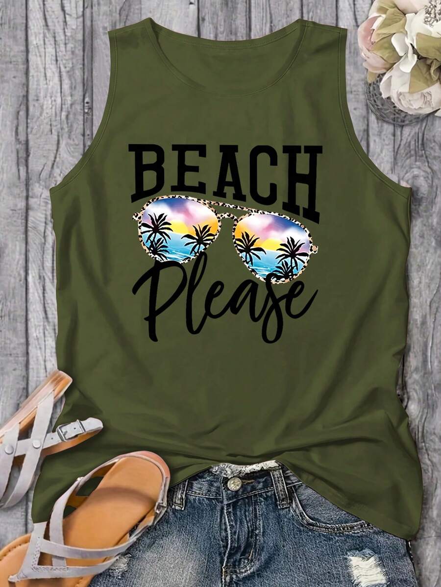 INAWLY Women's Letter & Sunglasses Print Summer Casual Tank Top With Digital Print