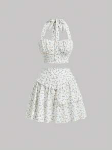 SHEIN MOD 花卉印花掛脖上衣和荷葉邊下擺半身裙