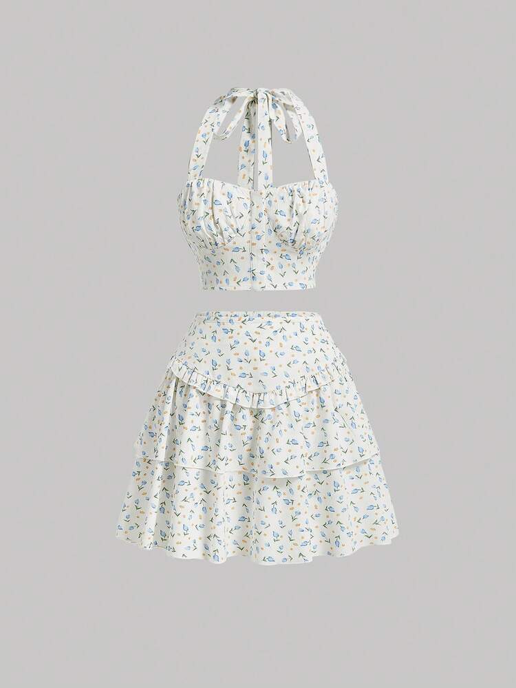 Floral Print Halter Top And Ruffle Hem Skirt,Summer Two Piece Outfits