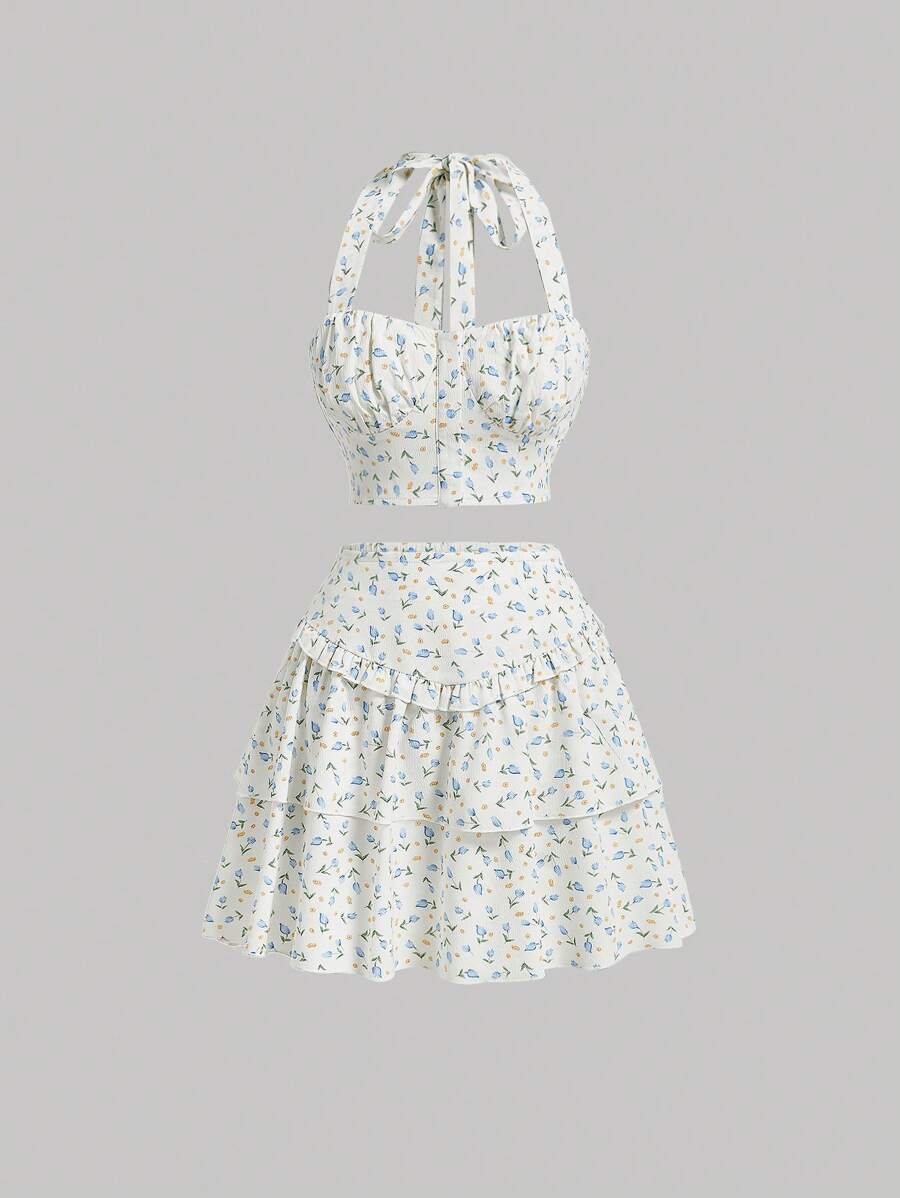 SHEIN MOD 花卉印花掛脖上衣和荷葉邊下擺半身裙