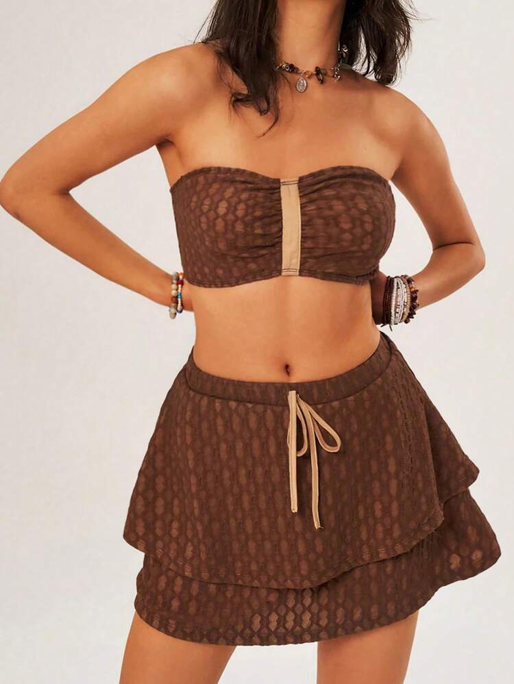Women's Vacation Style Strapless Backless Top With Bow Knot Detail High Low Skirt Two-Piece Set