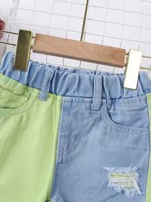 vui tươi Và Mát mẻ Em bé Cô gái Khối màu Vá lại Đau khổ Quần jean Straight - màu xanh lá - Xem 3