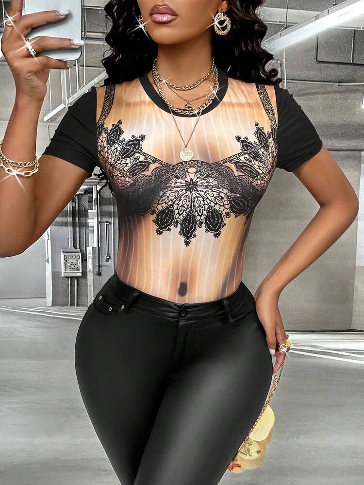 Abstract Human Body Similar To Women's Bra Cup Printed Round Neck Casual Sexy Travel Vacation Women Bodysuit