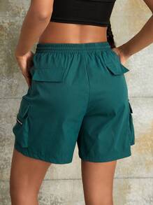 Y2K街头风抽绳松紧腰翻盖口袋拉链细节宽松休闲户外工装短裤 - 綠色 - 查看 2