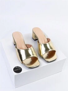 Wide Fit Women's New Summer Simple Metallic Texture Style Chunky Heel Mules With Slip-On Buckle Design - Gold - View 2
