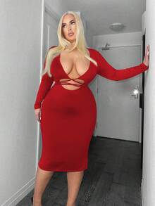 SHEIN SXY 大尺碼女士性感交叉肩帶修身派對連衣裙 - 紅色 - 查看 4