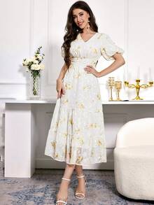 Modelyn 女士花印寬袖連帶腰帶連身裙 - 黃色 - 查看 6