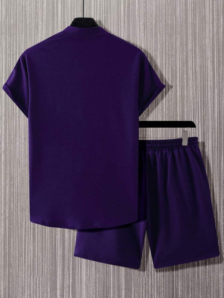 Manfinity Homme قطعتين لباس صيفي للرجال، يتألف من قميص بأكمام قصيرة مزين بطبعة الورد والحروف وسروال قصير للمناسبات العادية - الأرجواني - مشاهدة 2