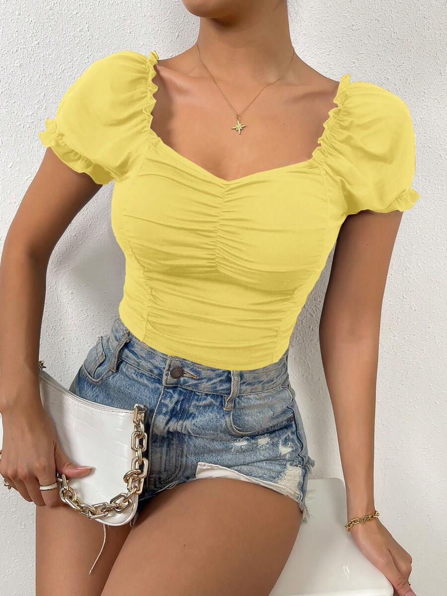 Chiquease Women's Summer Sweetheart Neckline Short Puff Sleeve Slim Fit T-Shirt With Frill Trim - Yellow - View 1