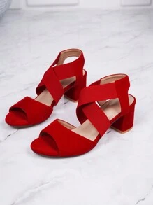 Women's Peep Toe Hollow Out Chunky Heel Sandals With Elastic Band, Simple Red Faux Suede High Heeled Sandals - Red - View 5