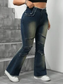 SHEIN ICON Plus Size Slim Fit Flared Jeans With Frayed Hem - Blue - View 4