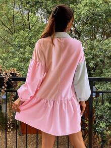 Simplee 女士对比条纹前扣灯笼袖连衣裙 - 彩色 - 查看 2