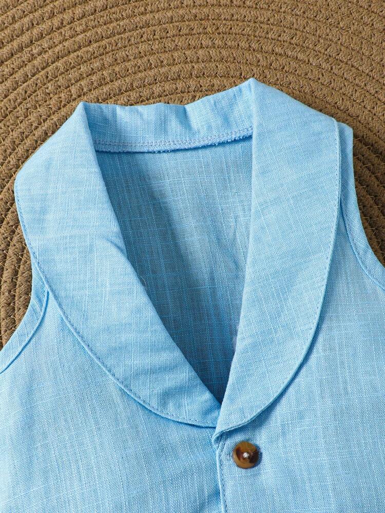 Baby Boy's Gentleman Style Casual Color Block Short Sleeve Shirt, Vest And Shorts Set For Summer, Lightweight
