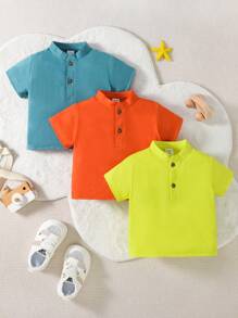 Baby Boy Vintage Cool-Three Color Standing Collar Button-Down Short Sleeve Shirt, Spring/Summer - Multicolor - View 1